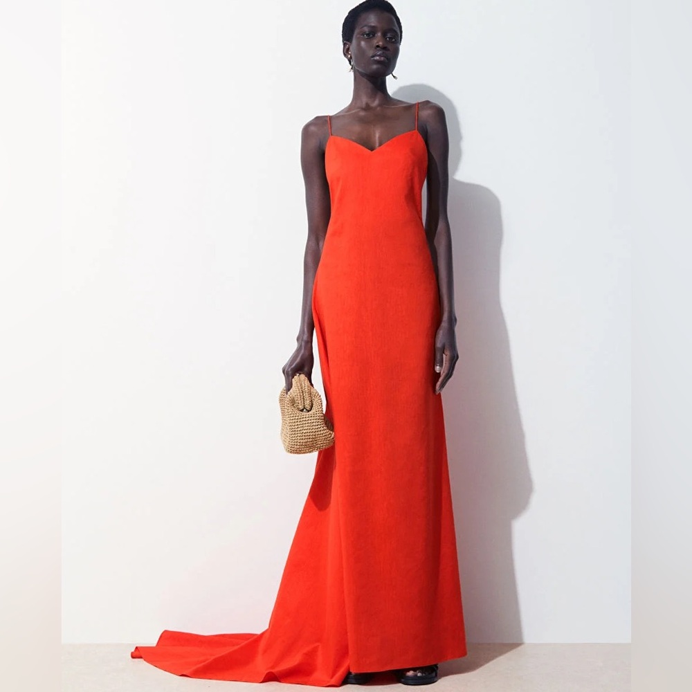 COS Atelier The V-Neck Linen Maxi Dress in Orange NEW